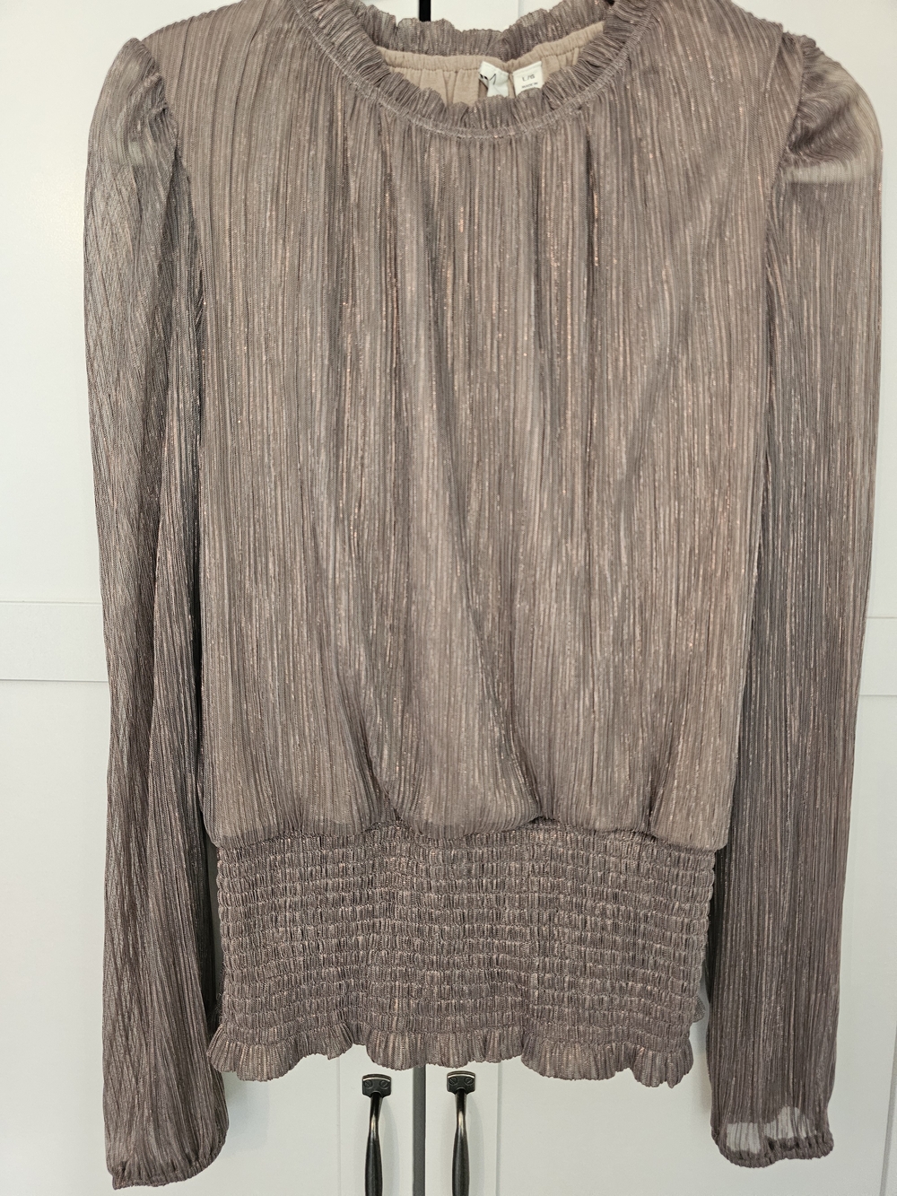 NWT Joie Metallic Shimmer Smocked Blouse Pleated Long Sleeve Top L Gold Copper